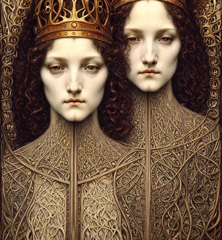 Image similar to detailed realistic beautiful young medieval queen face portrait by jean delville, gustave dore and marco mazzoni, art nouveau, symbolist, visionary, gothic, pre - raphaelite. horizontal symmetry