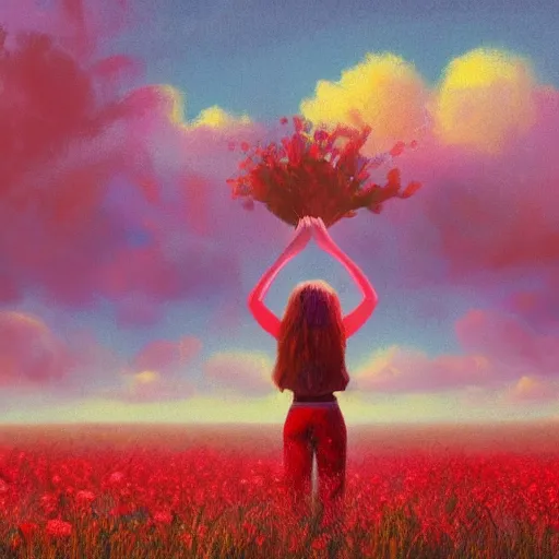 Image similar to large red flowers afro, full body, girl standing in the middle of a field with flowers, surreal photography, hills, sunrise dramatic light, impressionist painting, colorful clouds, digital painting, pointillism, artstation, simon stalenhag