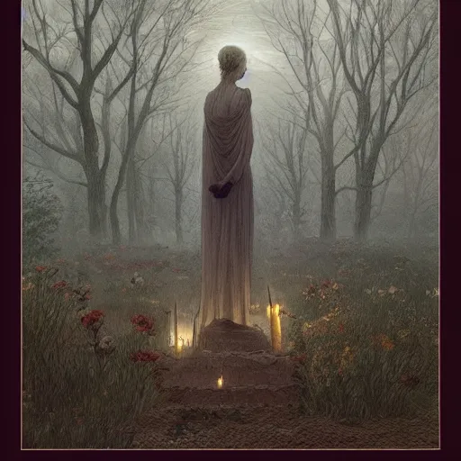 Prompt: The last spirit living in the cemetery, flowers, illustrated by Greg Rutkowski and Caspar David Friedrich