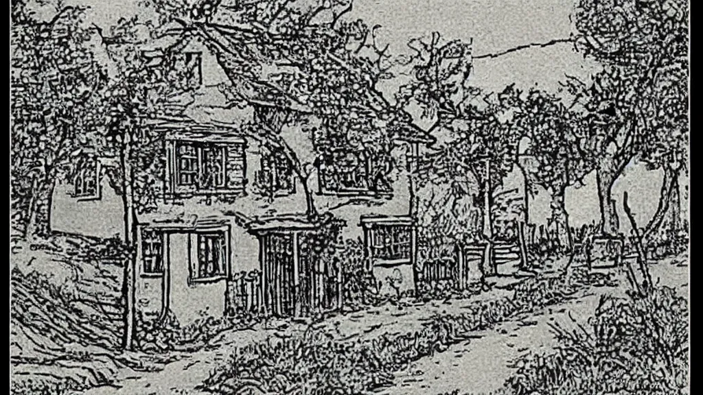 Prompt: a small house in country side etching art style