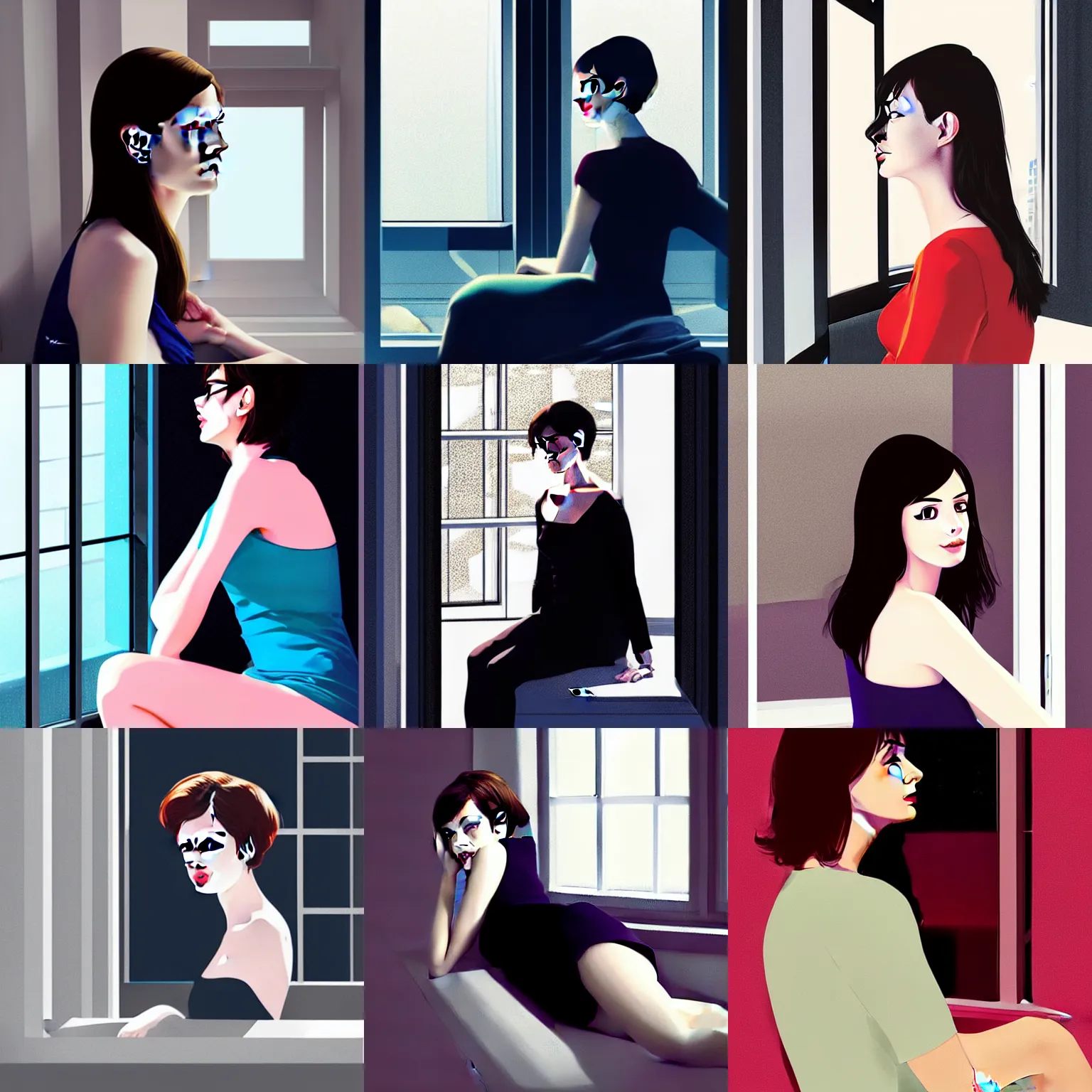 Prompt: anne hathaway, digital art by ilya kuvshinov, sitting down, leaning against the window