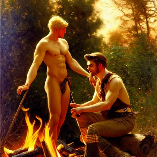 Image similar to attractive blonde male and attractive brunet male, in the woods near the fire. highly detailed painting by gaston bussiere, craig mullins, j. c. leyendecker 8 k