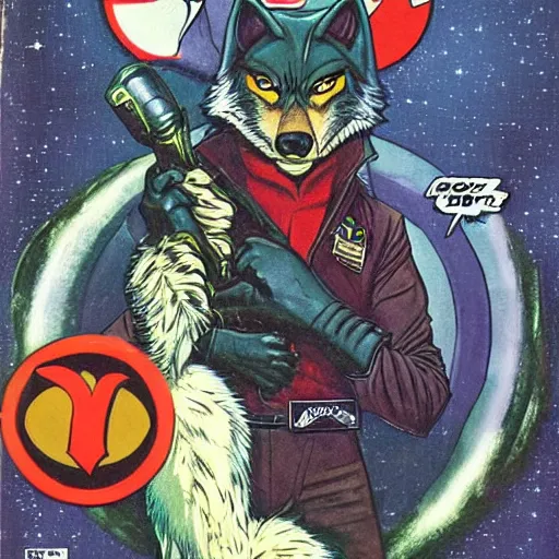 Image similar to 1 9 8 0 s comic book cover scan featuring a portrait of villain male wolf o'donnell anthropomorphic wolf furry fursona from starfox wearing a dark space mercenary uniform, dark grey wolf, handsome eyes, wolf o'donnell