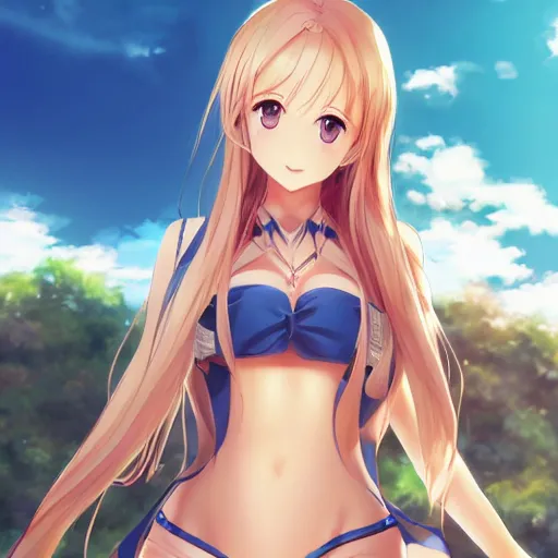 Image similar to a very beautiful mature yuuki asuna, full body, long wavy blond hair, sky blue eyes, full round face, bikini, miniskirt, front view, mid - shot, cute pose, highly detailed, cinematic wallpaper by stanley artgerm lau