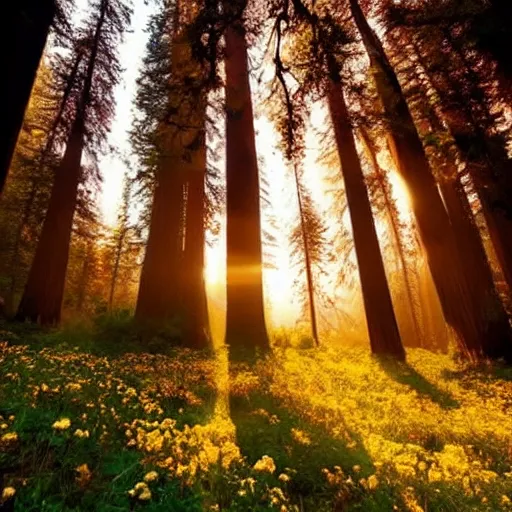 Image similar to A fantasy landscape with flowers and beautiful tall trees, redwoods, sunset