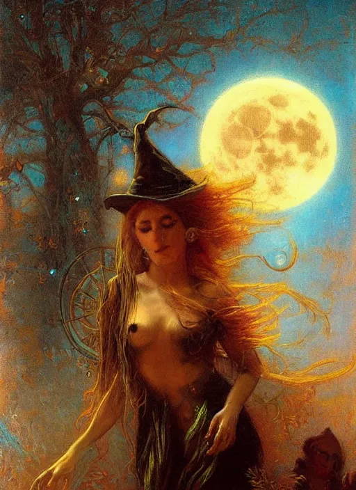 Image similar to surrealism, abstract, witch, portrait, close - up, make up, full big moon, painting by gaston bussiere and albuquerque, soft light