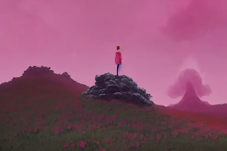 Image similar to giant pink flower as a head, girl standing on mountain, surreal photography, stars, dramatic light, impressionist painting, storm clouds, digital painting, artstation, simon stalenhag