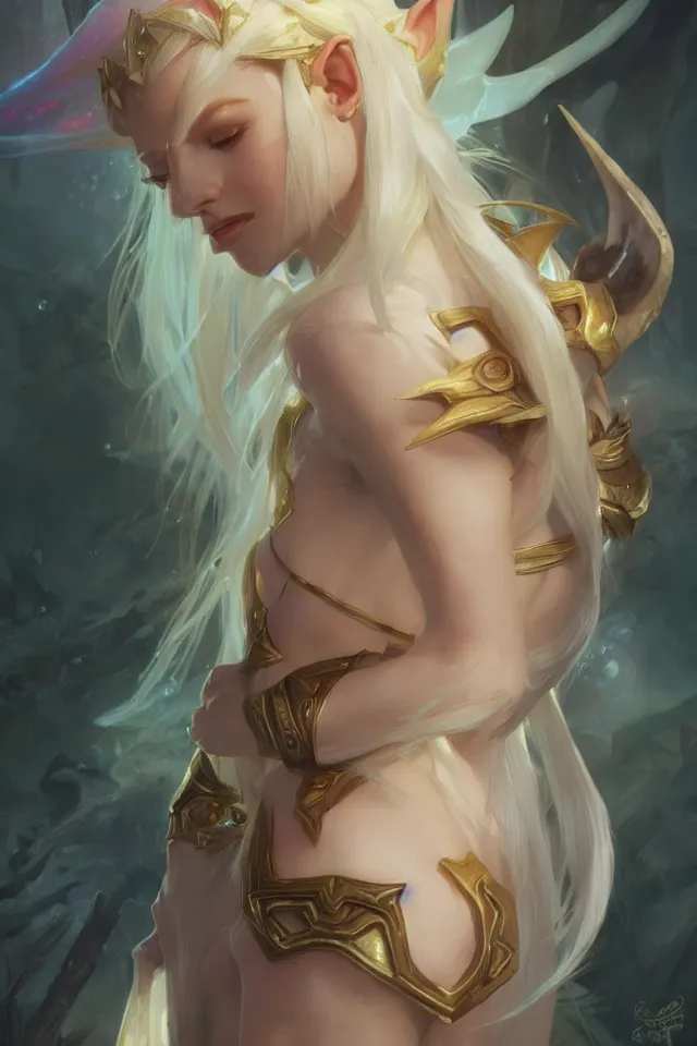 Prompt: Portrait of Beautiful blonde elf queen with opal eyes and elf ears, league of legends, LOL, fantasy, digital painting, artstation, concept art, sharp focus, illustration, art by greg rutkowski and alphonse mucha