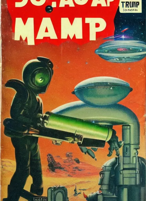 Image similar to 5 0 s sci fi pulp magazine cover of donald trump on mars pointing a ray gun to evil green martians, rocket on the background, by norman rockwell, by drew struzan, high res