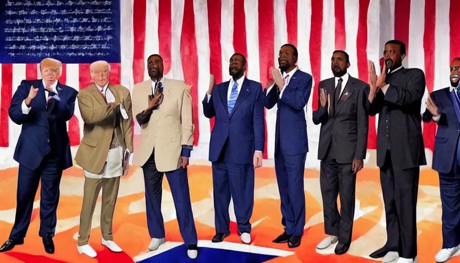 Prompt: hyperrealistic photograph of joe biden, donald trump, will smith, chris rock, kanye west, and pete davidson pledging allegiance, photorealism,