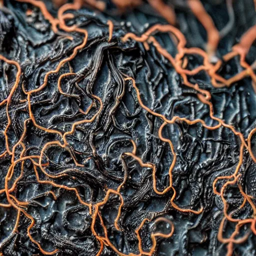 Image similar to photograph of a pitch black, tar - like fungus with lots of tendrils spreading everywhere, intricate detail, goopy