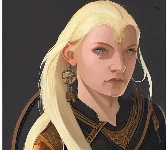 Image similar to the elder scrolls vi a portrait of a blond elven princess warrior portrait near the epic entrance to a city. illustration by atey ghailan