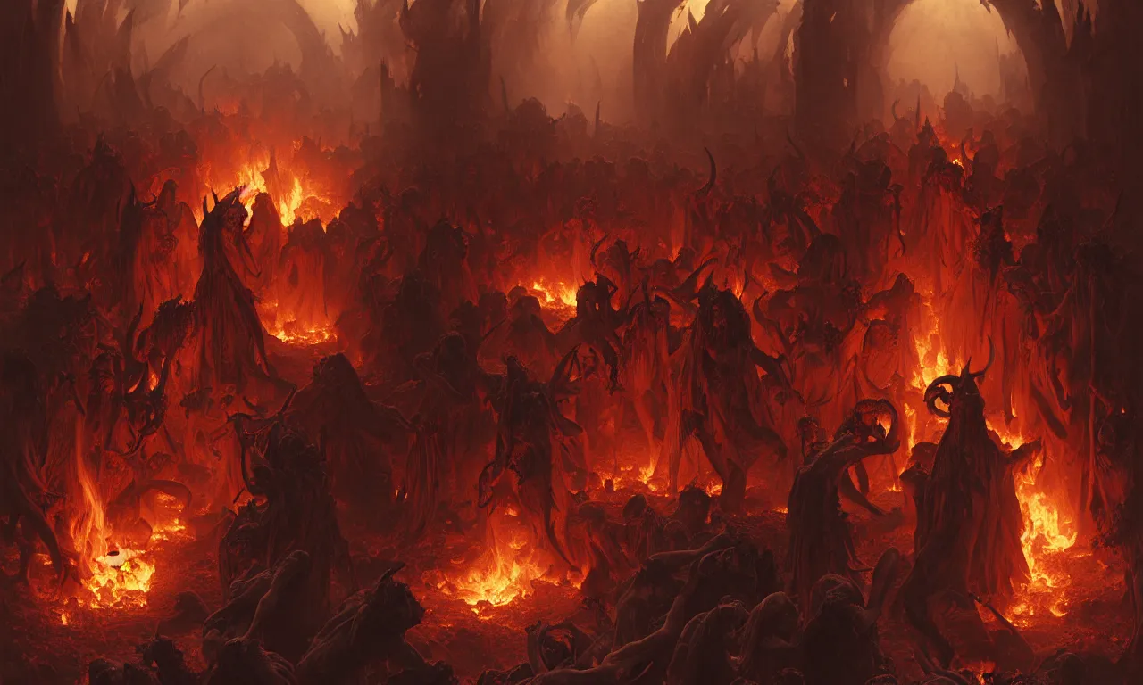 Image similar to Purgatory, fire in hell. A crowd of sinful people is burning in hell in hellfire. The gateway to the infernal underworld. Devils demons and ghouls torment sinful people, highly detailed, digital painting, artstation, concept art, smooth, sharp focus, illustration, art by artgerm and greg rutkowski and alphonse mucha