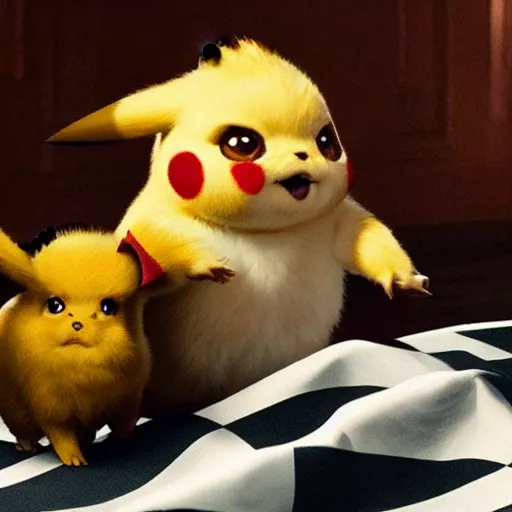 Image similar to a caravaggio artwork film still of detective pikachu, artwork by caravaggio