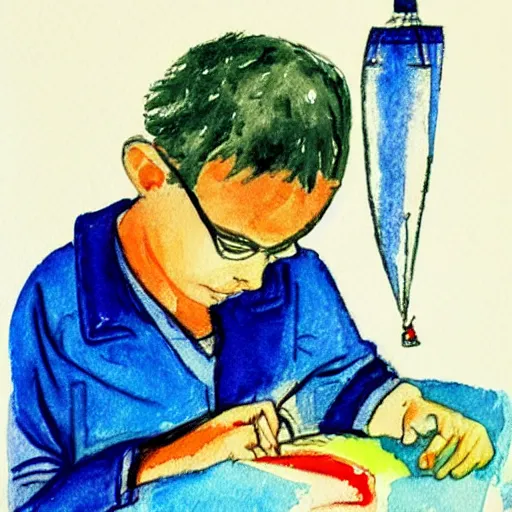 Prompt: a doctor performing surgery on a rocket, watercolor by eric carle, traced by pencil, high detail, peaceful mood