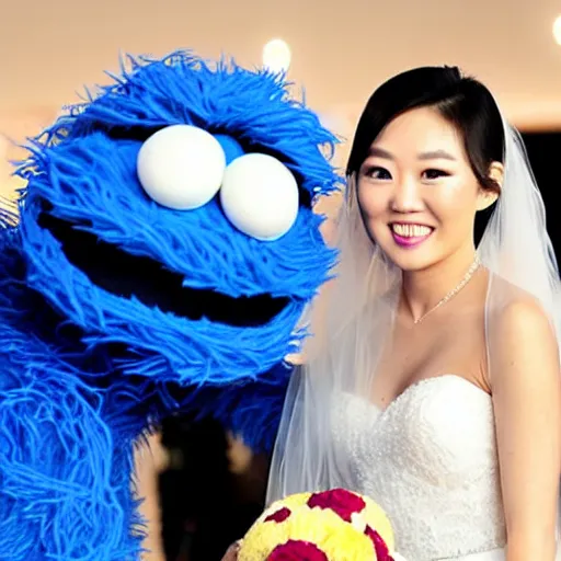 Image similar to cookie monster marrying justin sun, professional wedding photography