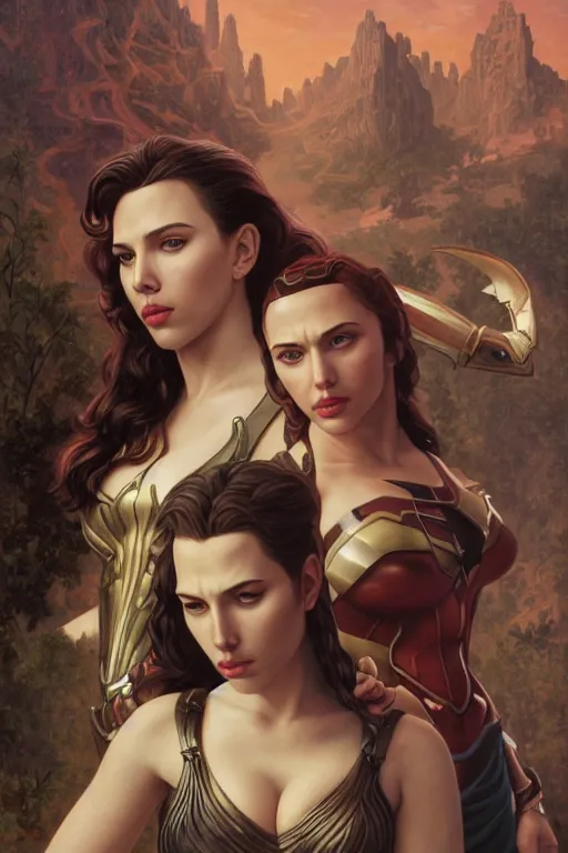 Image similar to A fantasy comic book style Oil Painting portrait of Scarlett Johansson and Gal Gadot, as Atlantean Reptilian Warriors, Mystical Valkyrie, unreal 5, DAZ, hyperrealistic, octane render, Regal, Refined, Detailed Digital Art, RPG portrait, William-Adolphe Bouguereau, Michael Cheval, Walt Disney (1937), François Boucher, Steampunk, Josephine wall, dynamic lighting, Highly Detailed, Cinematic Lighting, Unreal Engine, 8k, HD