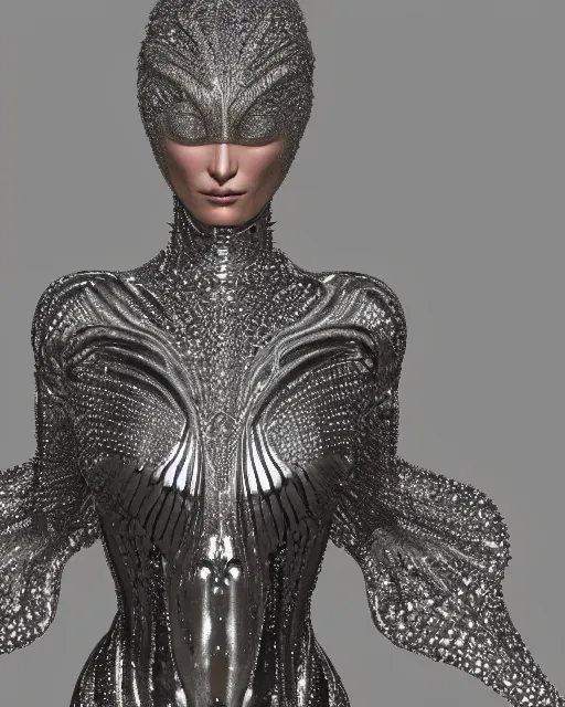 Image similar to a highly detailed metahuman 4 k close up render of an alien goddess bella hadid as alien in iris van herpen dress schiaparelli in diamonds crystals swarovski and jewelry iridescent in style of alphonse mucha gustav klimt trending on artstation made in unreal engine 4