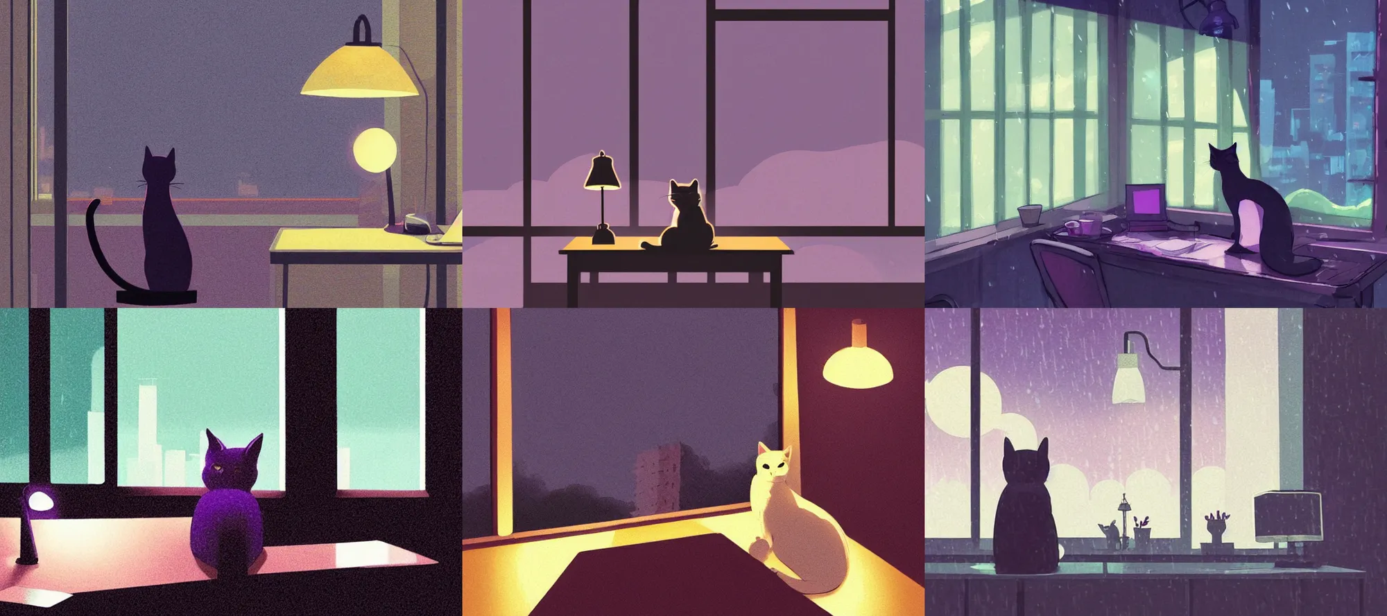 Prompt: cat sitting on a desk with a lamp, looking outside a window, rainy city at night, moody dark violet color palette, lofi illustration by makoto shinkai