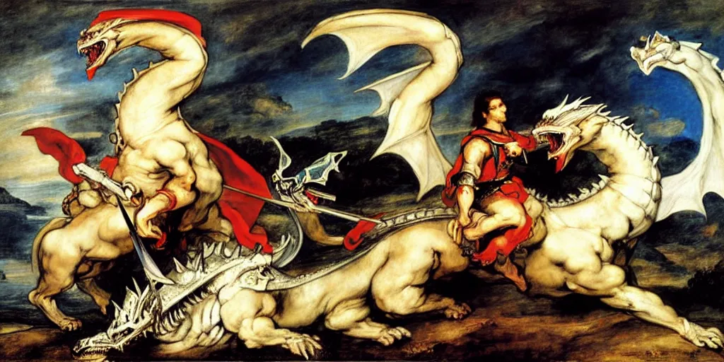 Prompt: knight fighting large white dragon, realistic, art by eugene delacroix, raphael, peter paul rubens