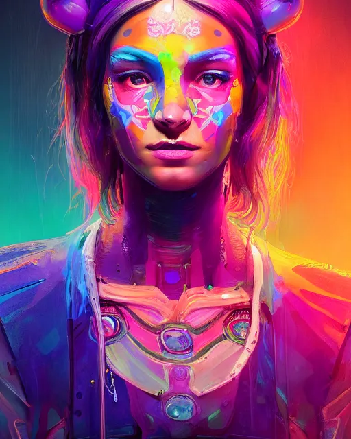 Image similar to colorful character portrait of a female hippie, set in the future 2 1 5 0 | highly detailed face | very intricate | symmetrical | cinematic lighting | award - winning | painted by mandy jurgens | pan futurism, dystopian, bold colors, cyberpunk, groovy vibe, anime aesthestic | featured on artstation