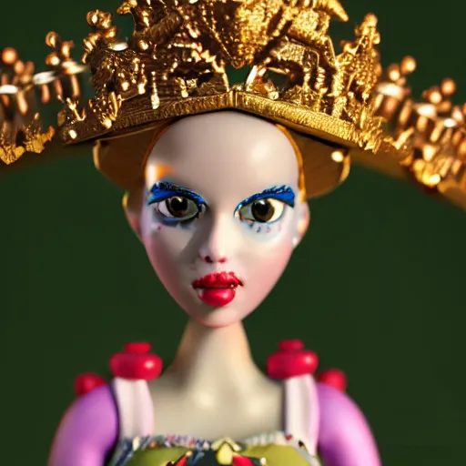 Prompt: closeup face profile portrait of a tin toy fairytale princess wearing a crown eating cakes, bikini, depth of field, zeiss lens, detailed, symmetrical, centered, fashion photoshoot by max fleischer, hyperrealistic, octane render