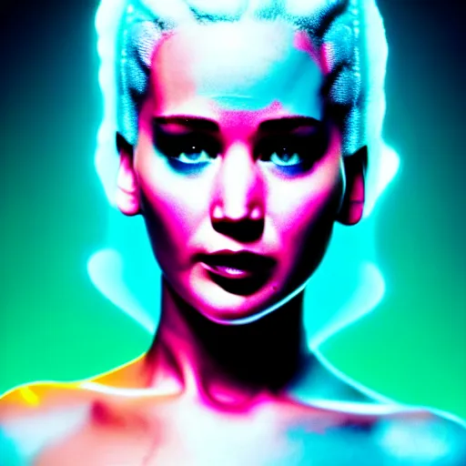 Prompt: jennifer lawrence as the bride of frankenstein, macro photography, glowing retinas, vaporwave, fuscia cyan yellow white powder on face, national geographic