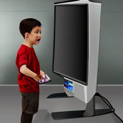 Prompt: kid looking at you standing next to an old computer monitor, trending on artstation