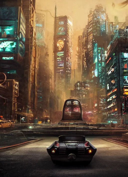 Prompt: a retro - futuristic car with a cyberpunk city in the background, alexander jansson, leesha hannigan, 8 k, highly detailed,