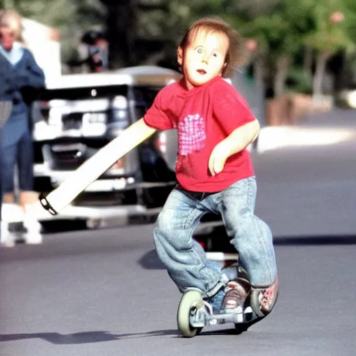 Prompt: baby nicolas cage skateboarding