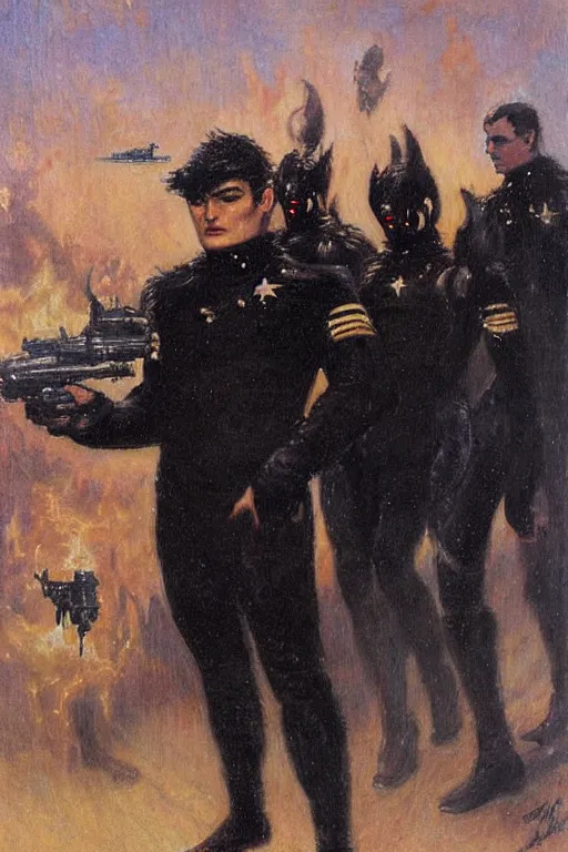 Prompt: evil star fleet officers dressed in all black. art by gaston bussiere.