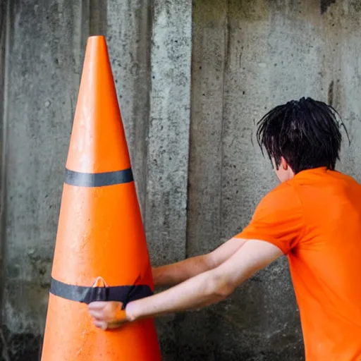 Prompt: man with traffic cone for head showering in rice