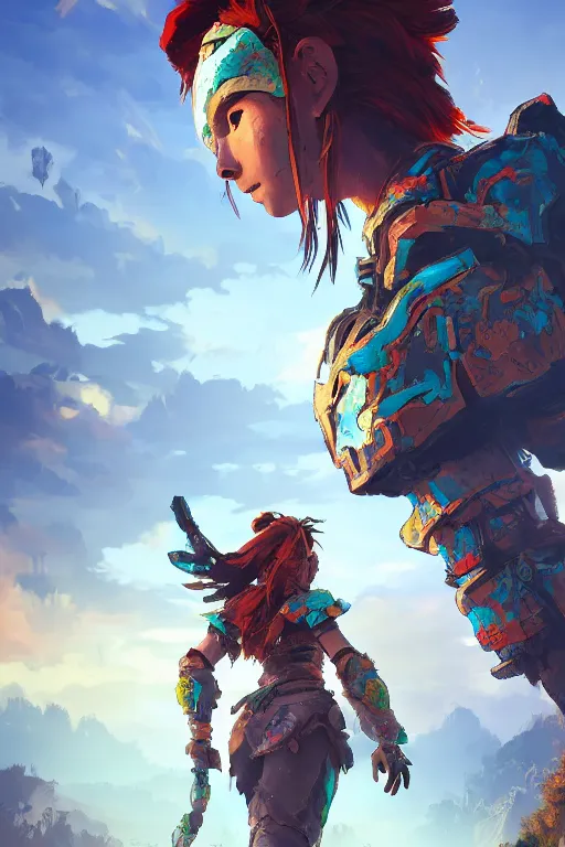 Image similar to combination suit armor aloy horizon forbidden west horizon zero dawn radiating a glowing aura global illumination ray tracing hdr fanart arstation by ian pesty and alena aenami artworks in 4 k tribal robot ninja mask helmet backpack