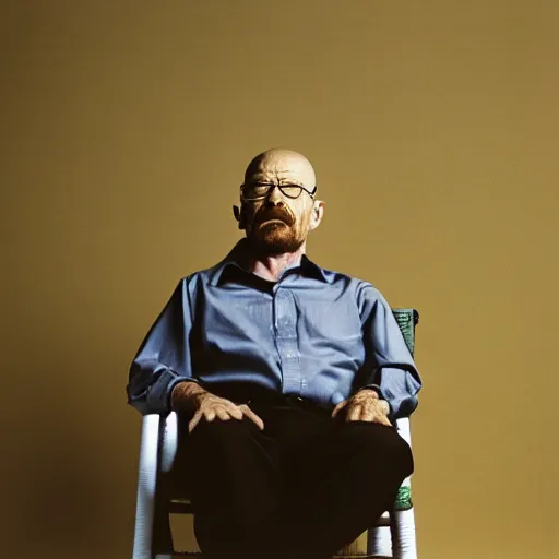 Image similar to walter white sitting on chair photo by annie leibovitz 8 0 mm lens bokeh