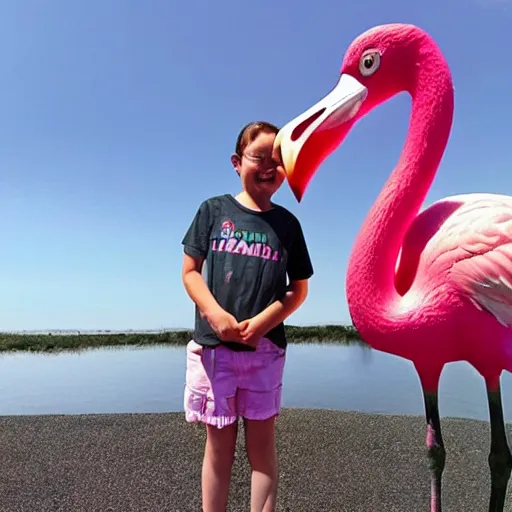 Image similar to photo of a giant flamingo next to a small human, with text that says “ worldest biggest flamingo ”