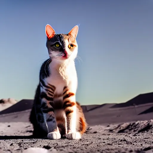 Prompt: cat wearing astronaut suit on the moon planet earth in the background sigma 1 4 mm f / 1. 8 astroied belt