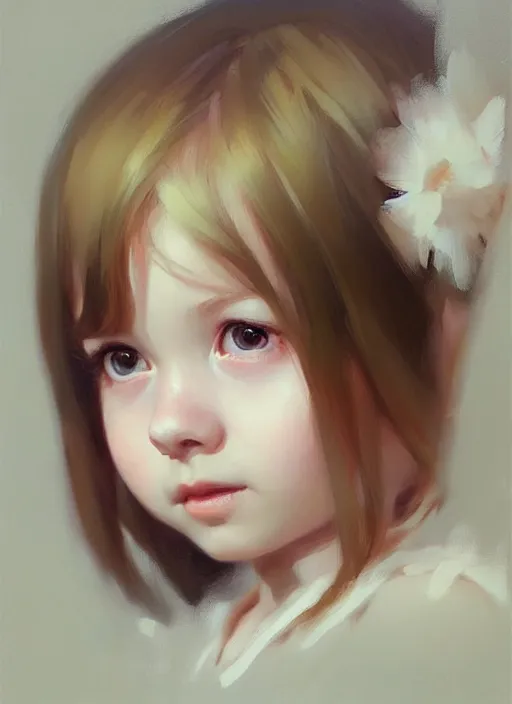 Prompt: realistic tender sweet portrait of a young cute girl, symmetrical eyes, portrait illustration, trending on artstation, characterdesign, sharp focus, illustration, art by ruan jia, ghibli, elena shumilova, leah robinson