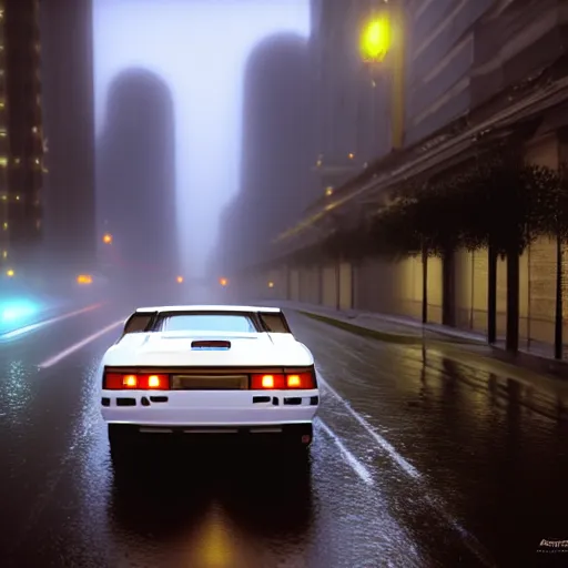 Prompt: highly detailed, photo realistic, 1 9 9 9 white ford probe gt at night in the rain driving on a city street, dense fog, unreal engine, beautiful, raw, by greg rutowski, by stanley artgerm, by alphonse mucha