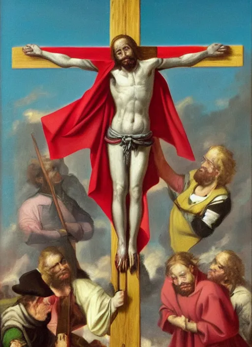 Prompt: hamburglar crucifixion, classic oil painting art 1 7 8 2