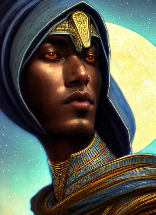 Image similar to close up portrait of noble khonsu under moonlight, egyptian symbolism, masculine, hooded african man wrapped in linen by artgerm, cushart krenz, greg rutkowski, mucha. art nouveau. gloomhaven, swirly lunar ripples, pale colors, sharp edges. ultra clear detailed. 8 k. elegant, intricate, octane render