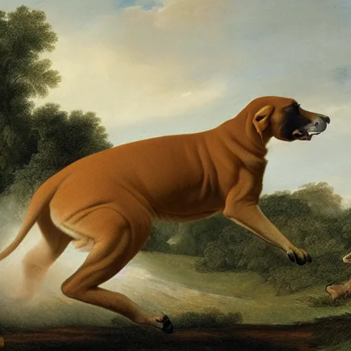 Prompt: a boerboel chasing a kangaroo, detailed, by george stubbs