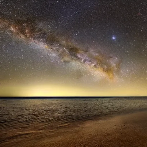 Image similar to planet on milky way as beach, water is galaxy