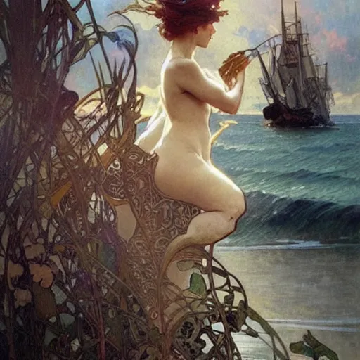 Prompt: a mermaid gazing wistfully at a passing ship. Alphonse Mucha. Greg Rutkowski. Repin. Masterpiece. Rule of thirds.