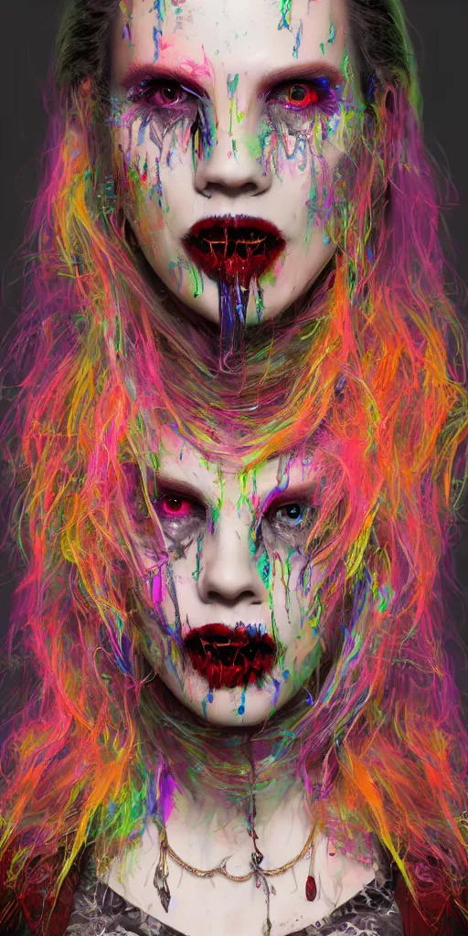 Prompt: Portrait of an impossibly beautiful vampire with large vampire fangs, single face, full body, intricate complexity, horror, psychedelic glitch art, rainbow drip paint, trending on art station, photoreal, 8k, octane render