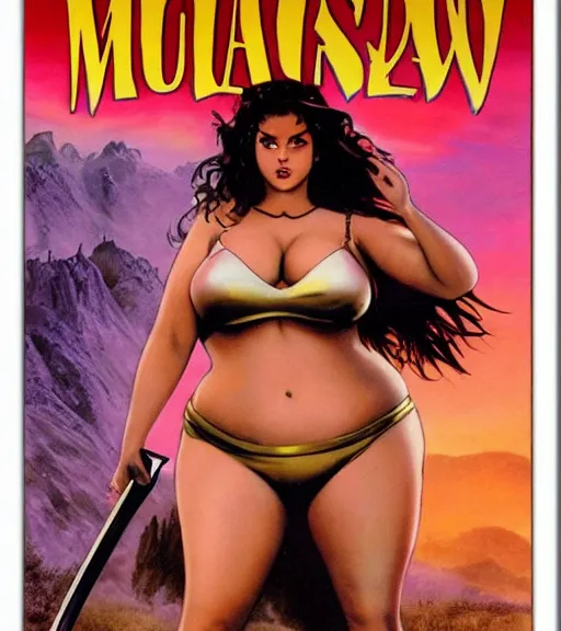 Image similar to 1 9 8 0 s fantasy novel book cover, bbw plus size amazonian selena gomez in extremely tight bikini armor wielding a cartoonishly large sword, exaggerated body features, dark and smoky background, low quality print