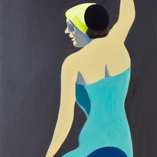 Prompt: acrylic painting on wood of a woman wearing a swimming cap diving from a high diving board into a pool. the pool is out of frame. teal, white, black and grayscale. simple. flat. vintage, mid - century modern. mid - drive, in the air, fully body, anatomically correct by edward hopper