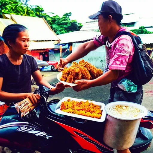 Prompt: “ selling fried chicken and sticky rice from a motorbike in thailand. ”