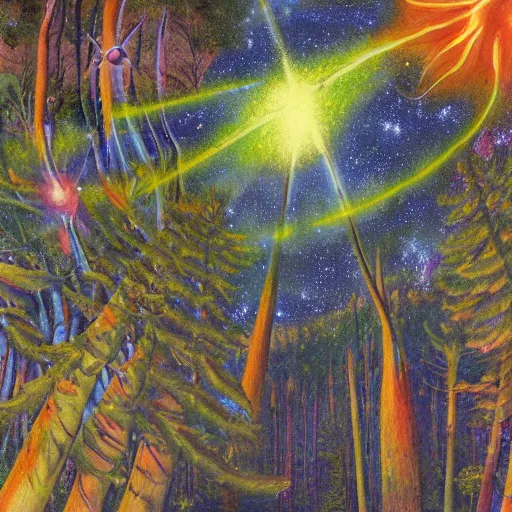 Prompt: psychedelic amber eyes cat eyes lush pine forest, outer space, milky way, designed by arnold bocklin, jules bastien - lepage, tarsila do amaral, wayne barlowe and gustave baumann, cheval michael, trending on artstation, star, sharp focus, colorful refracted sparkles and lines, soft light, 8 k 4 k