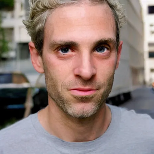 Image similar to color photograph of a 40 year old white Jewish Israeli skinny man with short, curly, blond hair and very small blue eyes, dressed in a white t shirt, gray shorts and a gray cabby cap, with a small mole to the right of his very thin lips, with a straight nose and blond stubble, with a round face, and an earring in the left ear.