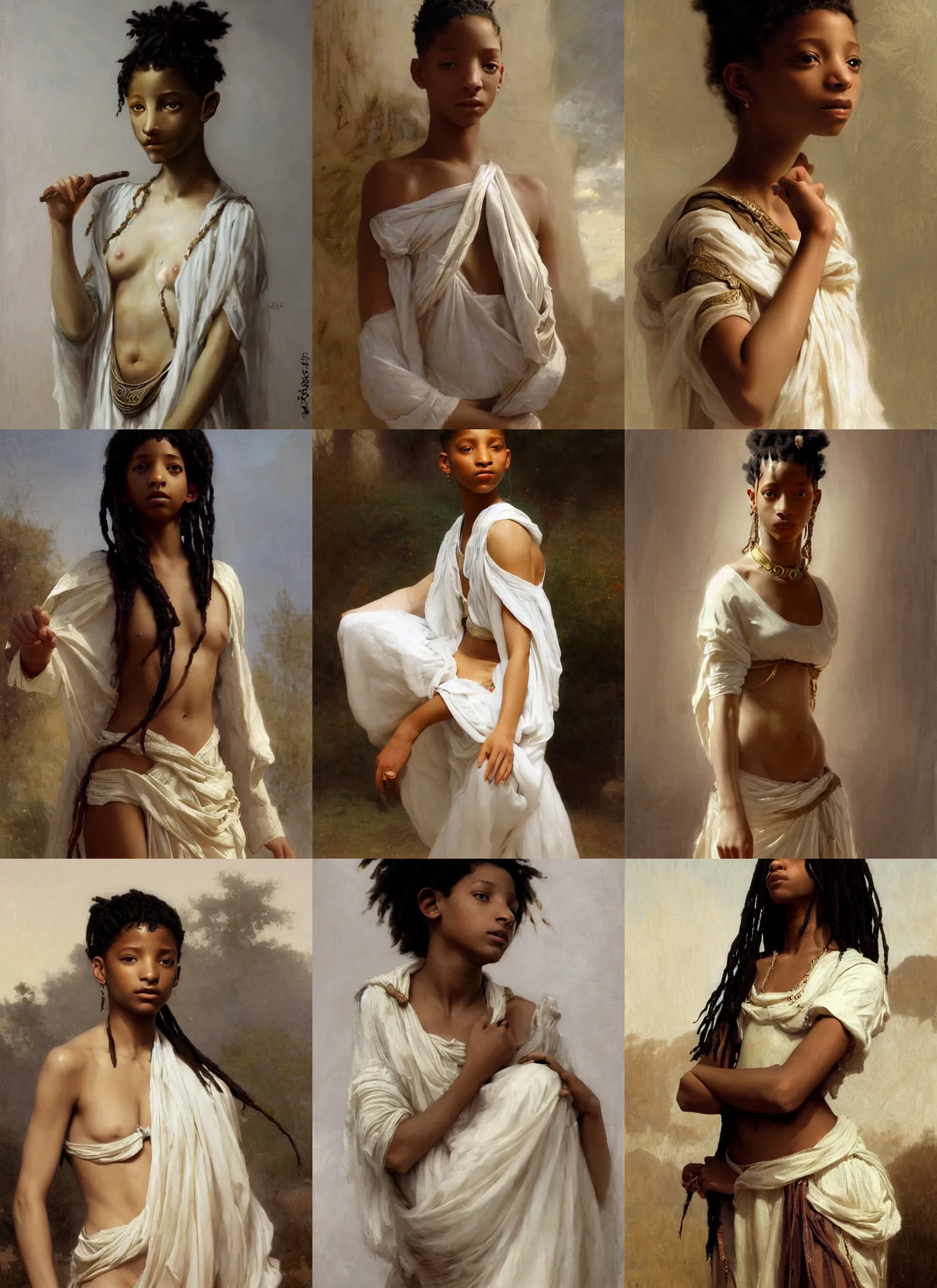 Prompt: willow smith as ancient libyan girl, white skirt and barechest, intricate, elegant, highly detailed, artstation, concept art, sharp focus, ruan jia, jurgens, orientalism, bouguereau